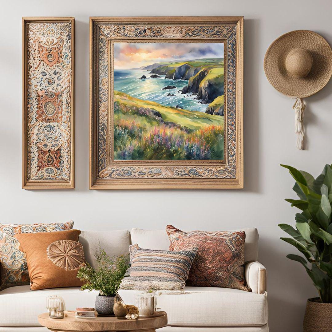 Coastal Painting Wall Art I Wildflower Watercolor Home Decor I Cliff Landscape Printable Square Art – Printable Wall Art Digital Download – Digital Download