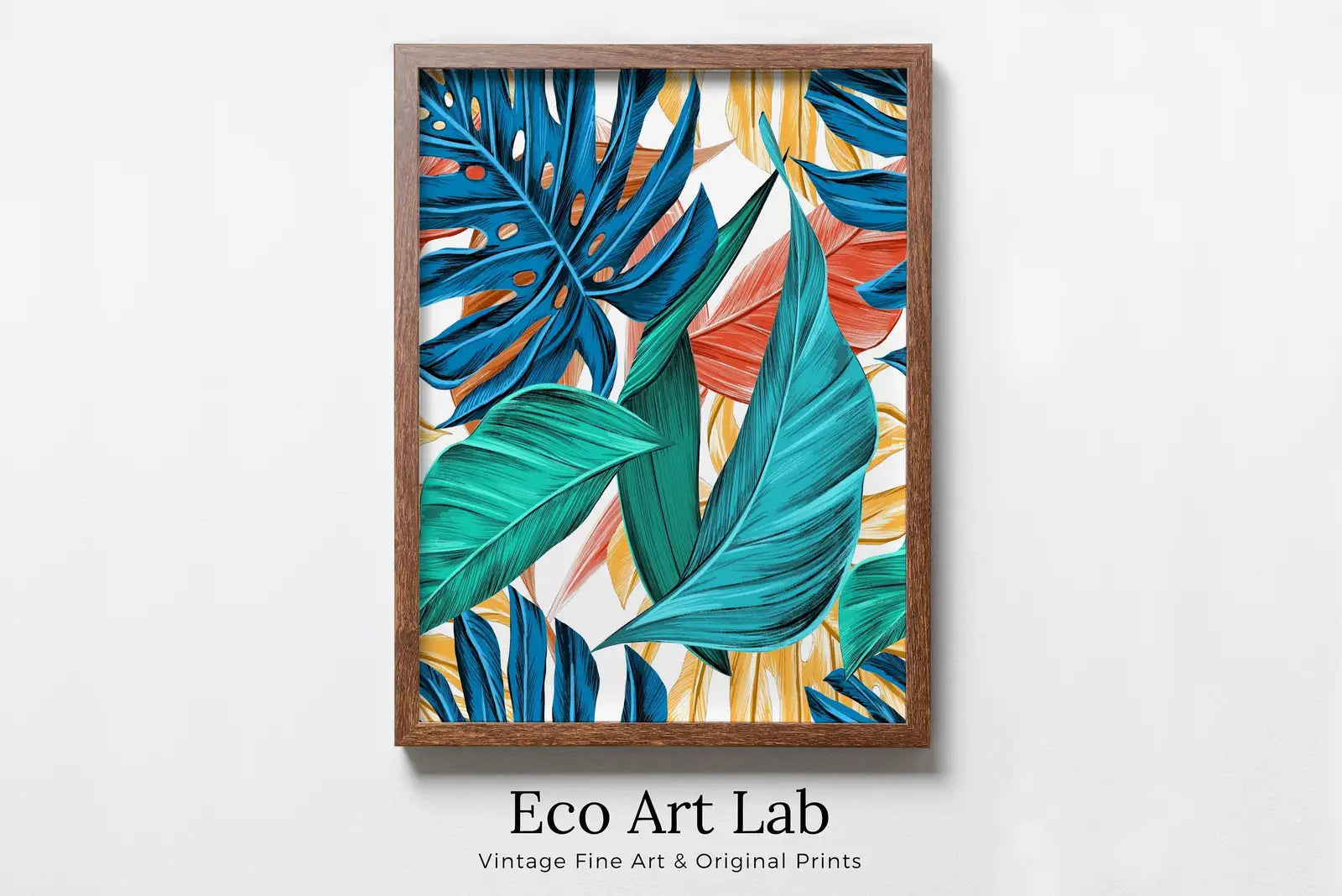 Framed view of Colorful Botanical Print. Instant Download Tropical Wall Decor. Monstera and Palm Leaf Wall Art. Printable Leaf Painting, Tropical Foliage – printable wall art digital download.
