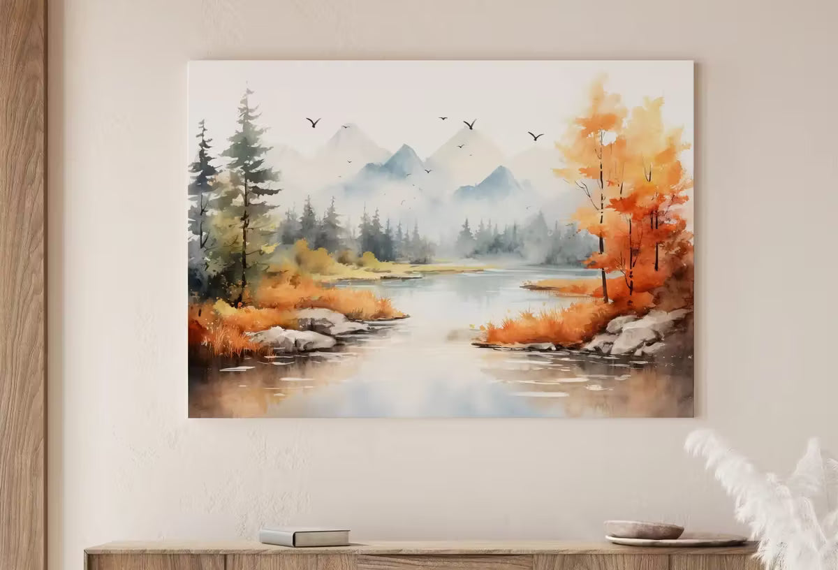 Colorful Forest Landscape. Printable Nature Art. River Forest & Mountain Fall Watercolor Painting. Mountain Forest Art. Printable Wall Art – Printable Wall Art