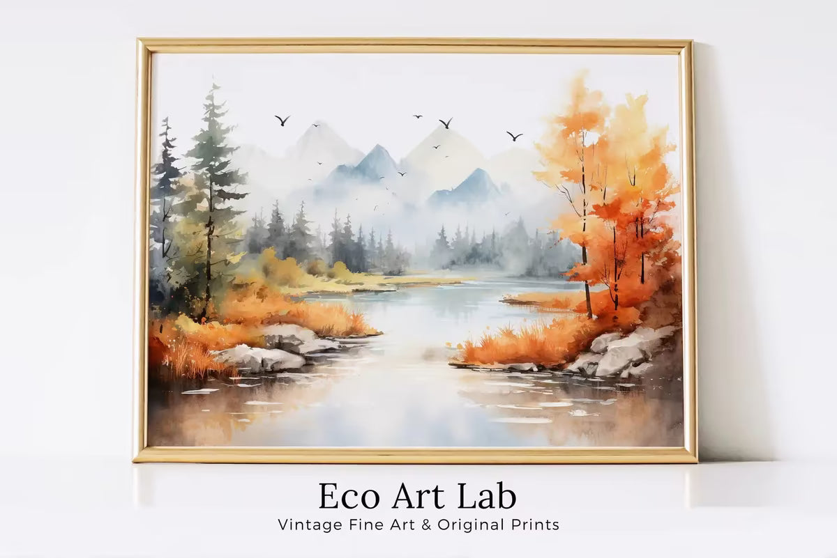 Colorful Forest Landscape. Printable Nature Art. River Forest & Mountain Fall Watercolor Painting. Mountain Forest Art. Printable Wall Art – Printable Wall Art