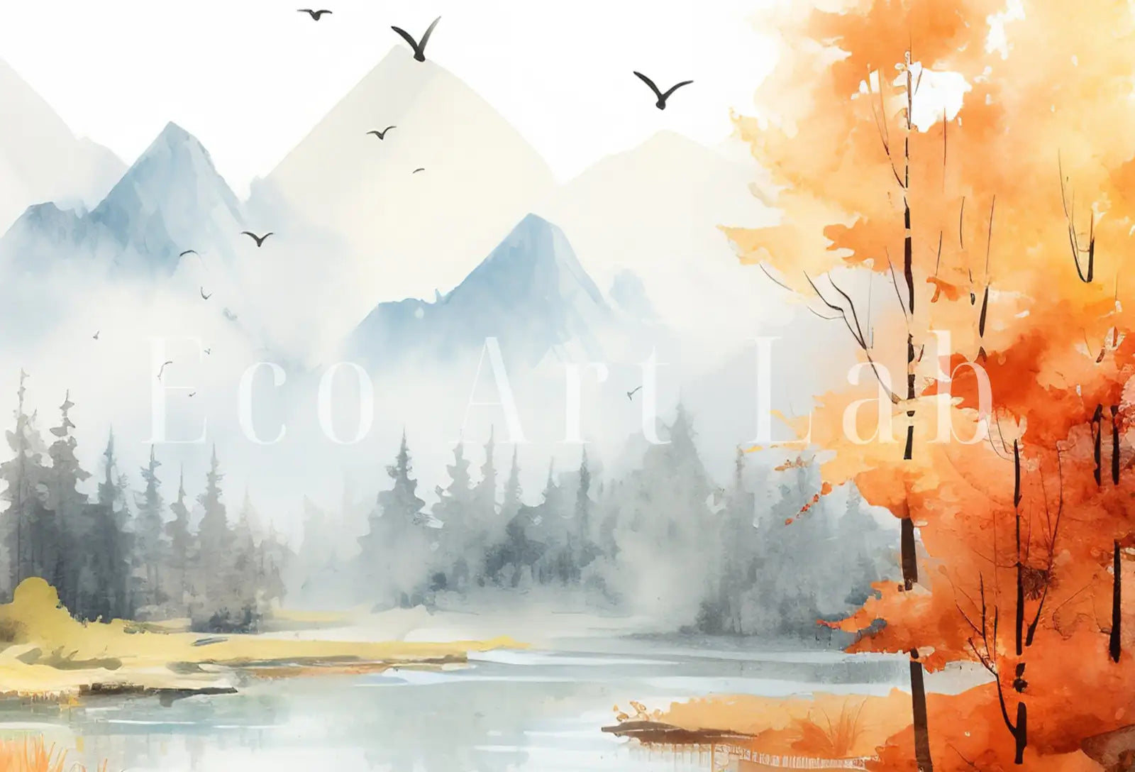 Detail view of artwork from Colorful Forest Landscape. Printable Nature Art. River Forest & Mountain Fall Watercolor Painting. Mountain Forest Art. Printable Wall Art. (variation 1)