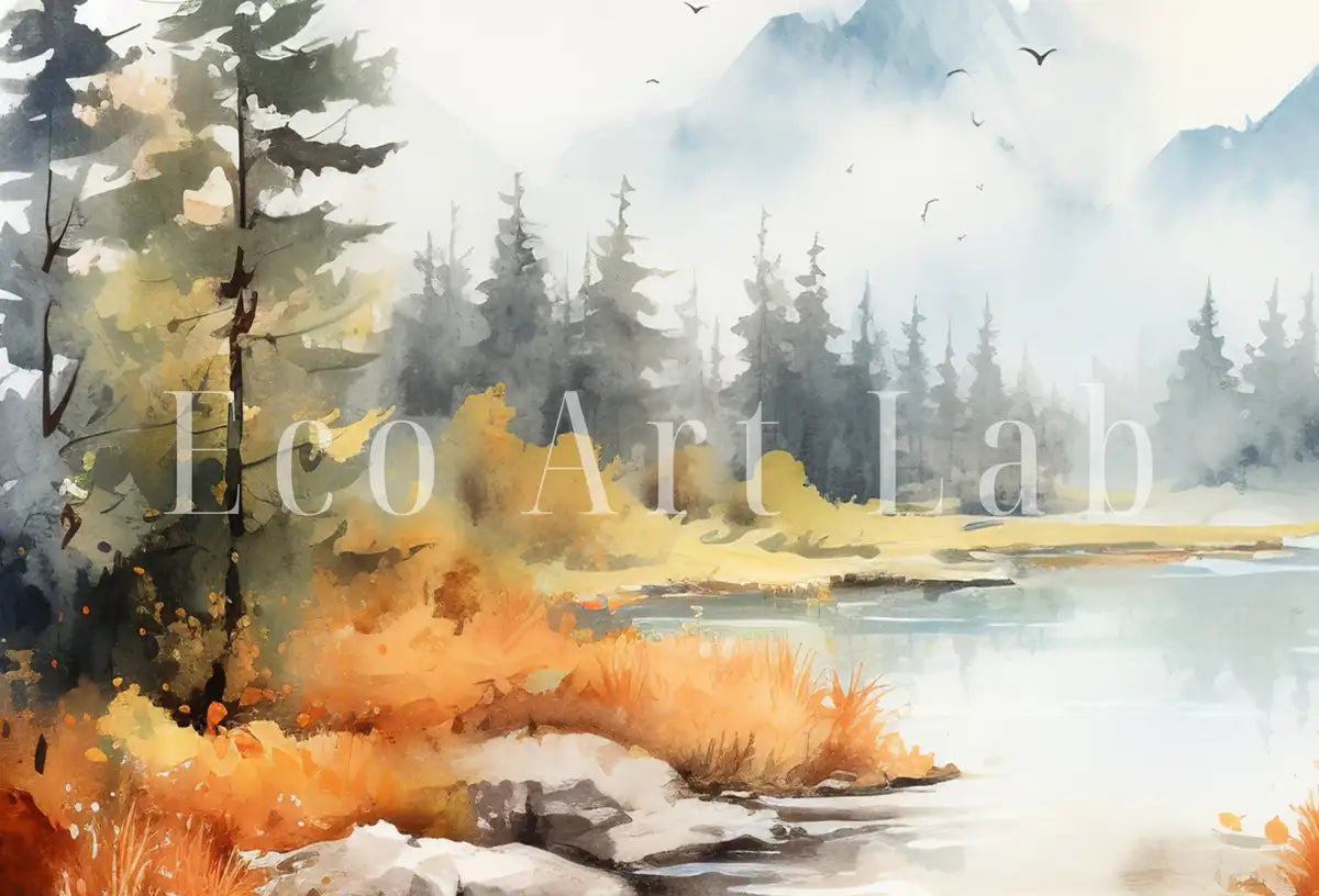 Detail view of artwork from Colorful Forest Landscape. Printable Nature Art. River Forest & Mountain Fall Watercolor Painting. Mountain Forest Art. Printable Wall Art. (variation 2)