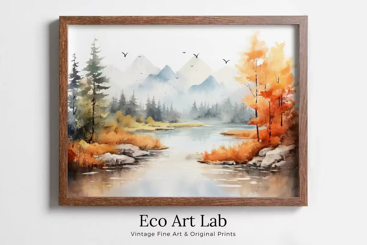 Colorful Forest Landscape. Printable Nature Art. River Forest & Mountain Fall Watercolor Painting. Mountain Forest Art. Printable Wall Art – Printable Wall Art