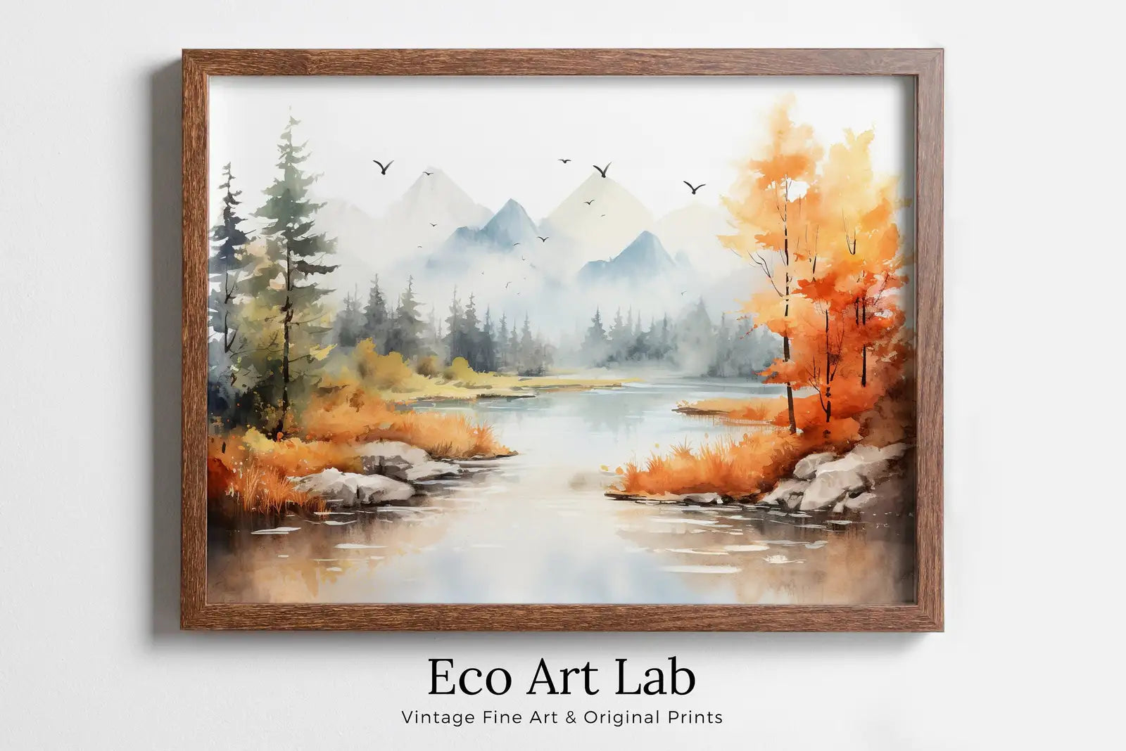 Framed view of Colorful Forest Landscape. Printable Nature Art. River Forest & Mountain Fall Watercolor Painting. Mountain Forest Art. Printable Wall Art – printable wall art digital download.