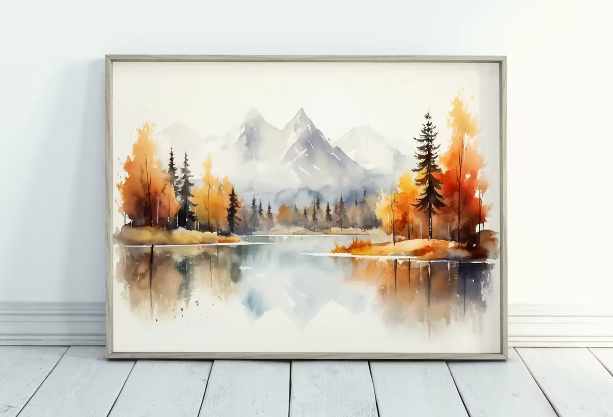 Colorful Forest Landscape. River Forest & Mountain Fall Watercolor Painting. Printable Nature Art. Mountain Forest Art. Printable Wall Art – Printable Wall Art