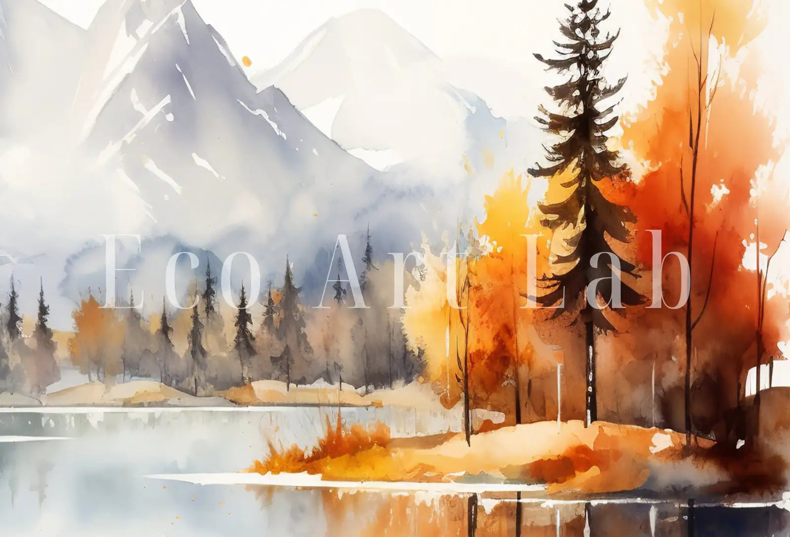 Detail view of artwork from Colorful Forest Landscape. River Forest & Mountain Fall Watercolor Painting. Printable Nature Art. Mountain Forest Art. Printable Wall Art. (variation 1)
