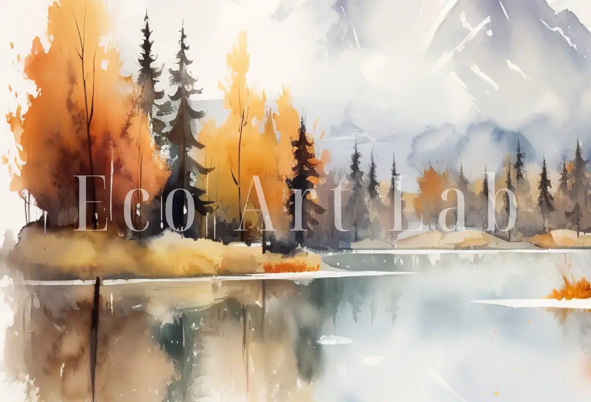 Detail view of artwork from Colorful Forest Landscape. River Forest & Mountain Fall Watercolor Painting. Printable Nature Art. Mountain Forest Art. Printable Wall Art. (variation 2)