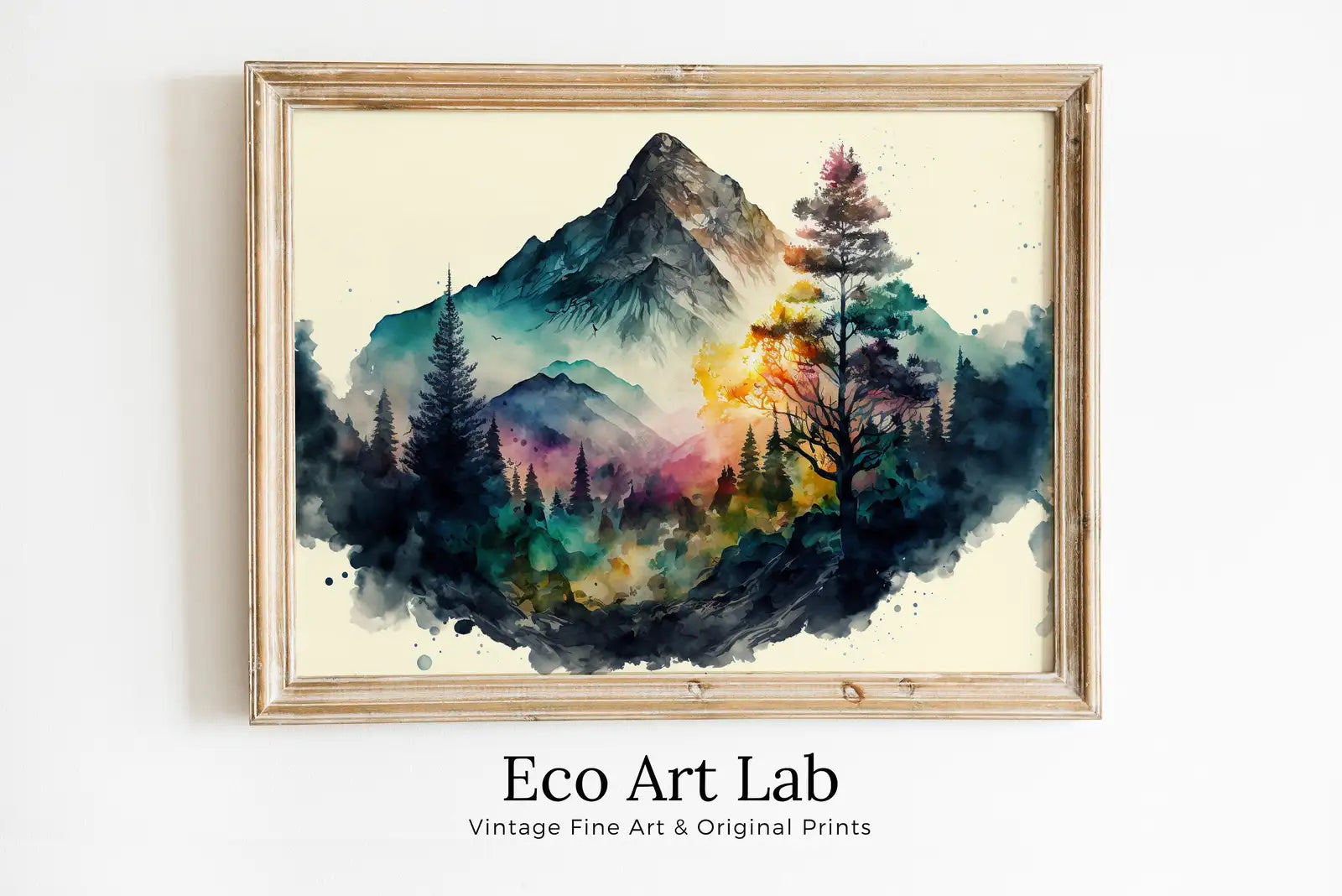 Included artwork preview showing first selection of artworks from Colorful Forest & Mountain Watercolor Painting. Forest Landscape Printable. Nature Art Print. Mountain Forest Art. Printable Wall Art.