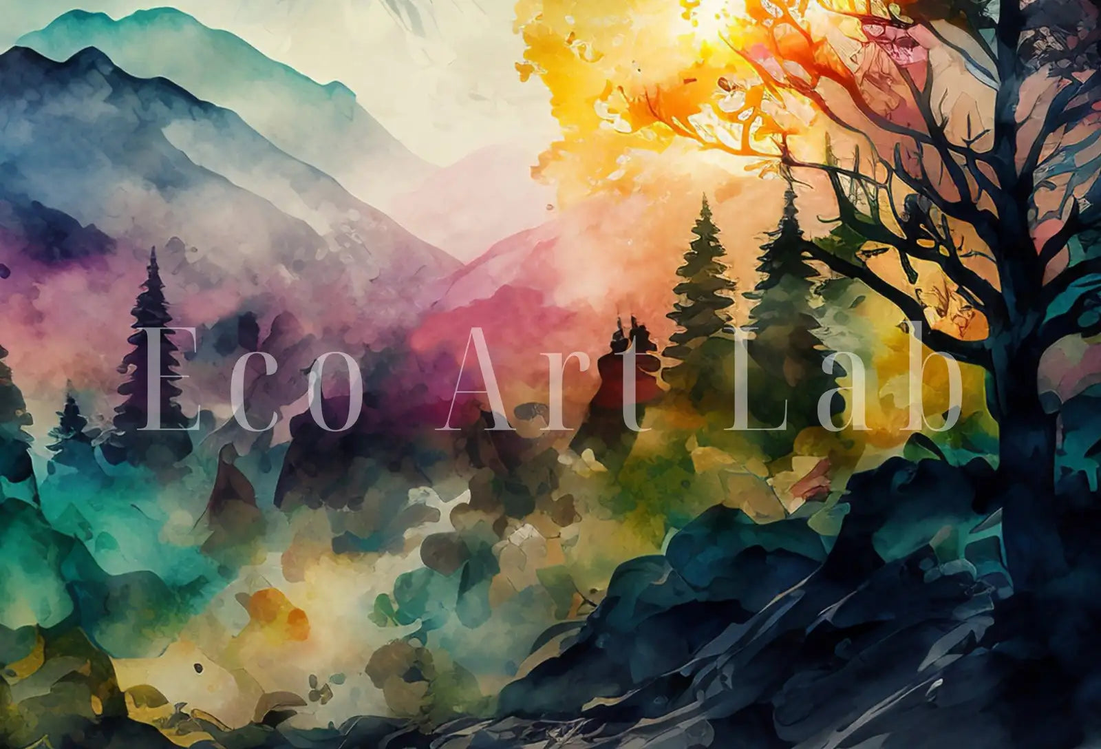 Detail view of artwork from Colorful Forest & Mountain Watercolor Painting. Forest Landscape Printable. Nature Art Print. Mountain Forest Art. Printable Wall Art. (variation 1)