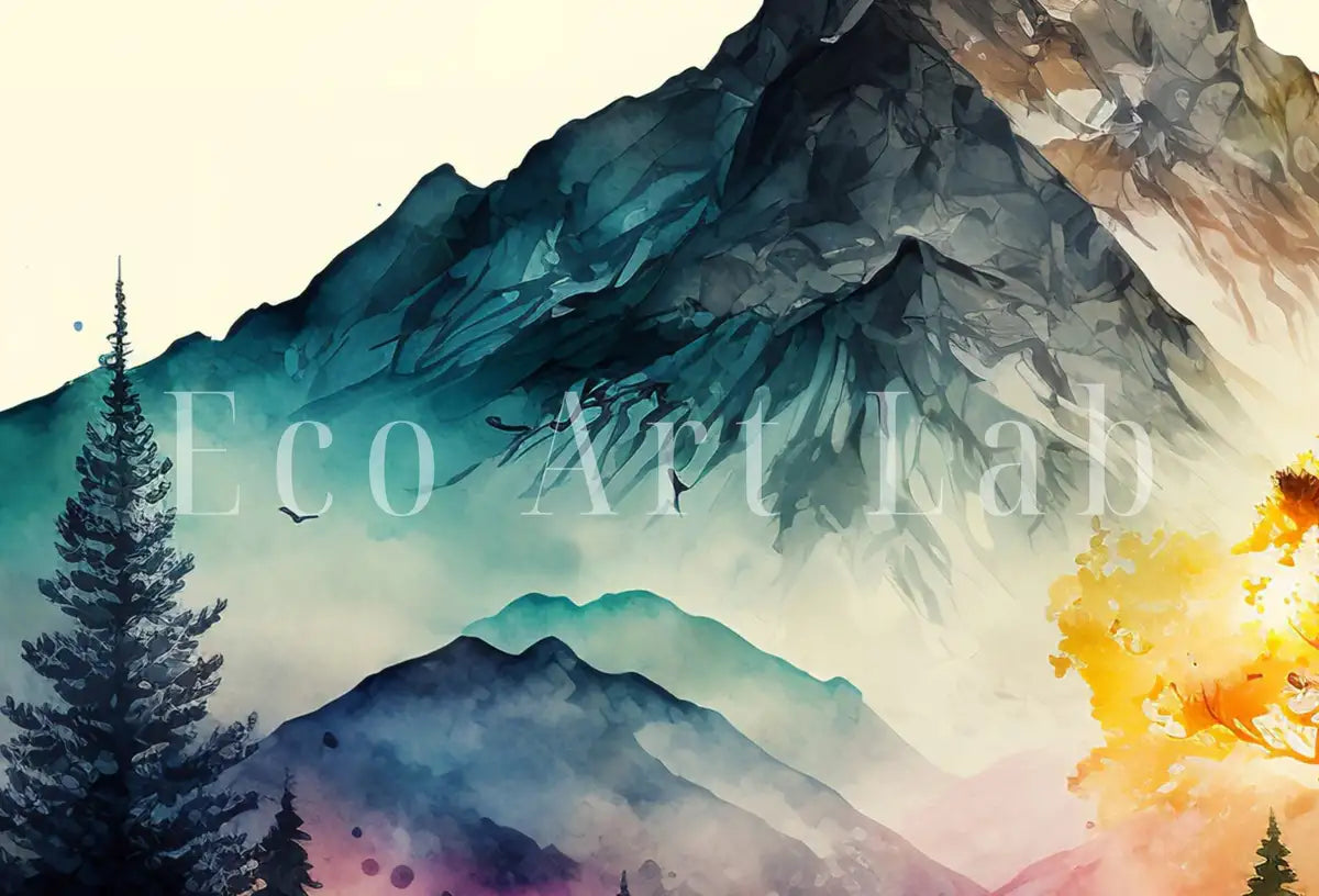 Detail view of artwork from Colorful Forest & Mountain Watercolor Painting. Forest Landscape Printable. Nature Art Print. Mountain Forest Art. Printable Wall Art. (variation 2)