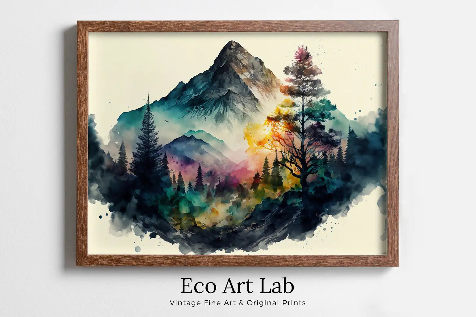 Framed view of Colorful Forest & Mountain Watercolor Painting. Forest Landscape Printable. Nature Art Print. Mountain Forest Art. Printable Wall Art – printable wall art digital download.