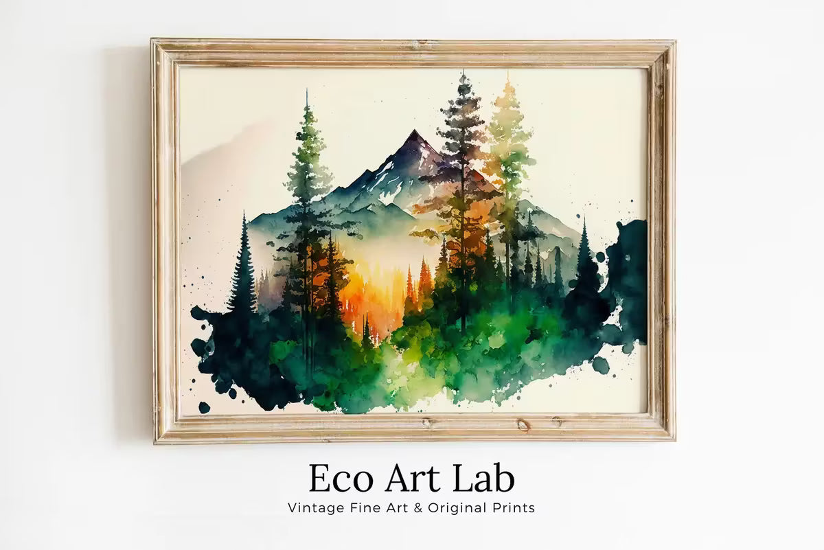 Colorful Forest & Mountain Watercolor Painting. Forest Trees Landscape Printable. Nature Art Print. Mountain Forest Art. Printable Wall Art – Printable Wall Art