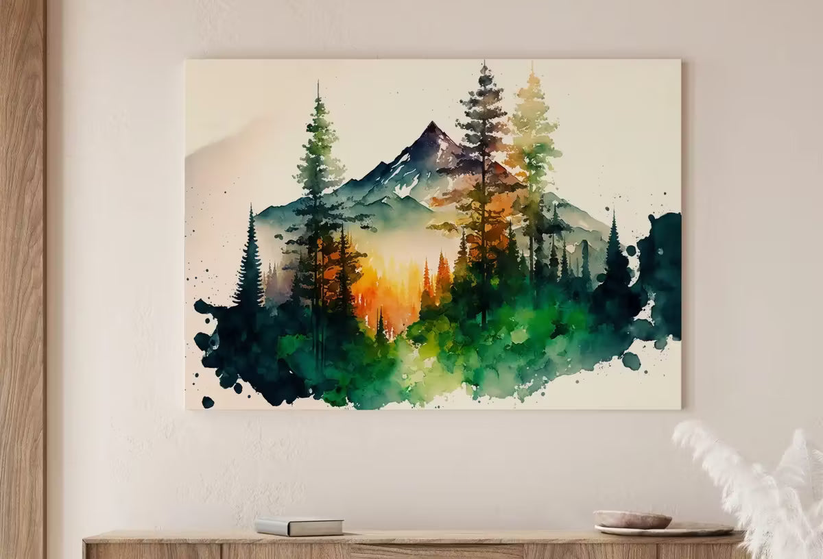 Colorful Forest & Mountain Watercolor Painting. Forest Trees Landscape Printable. Nature Art Print. Mountain Forest Art. Printable Wall Art – Printable Wall Art