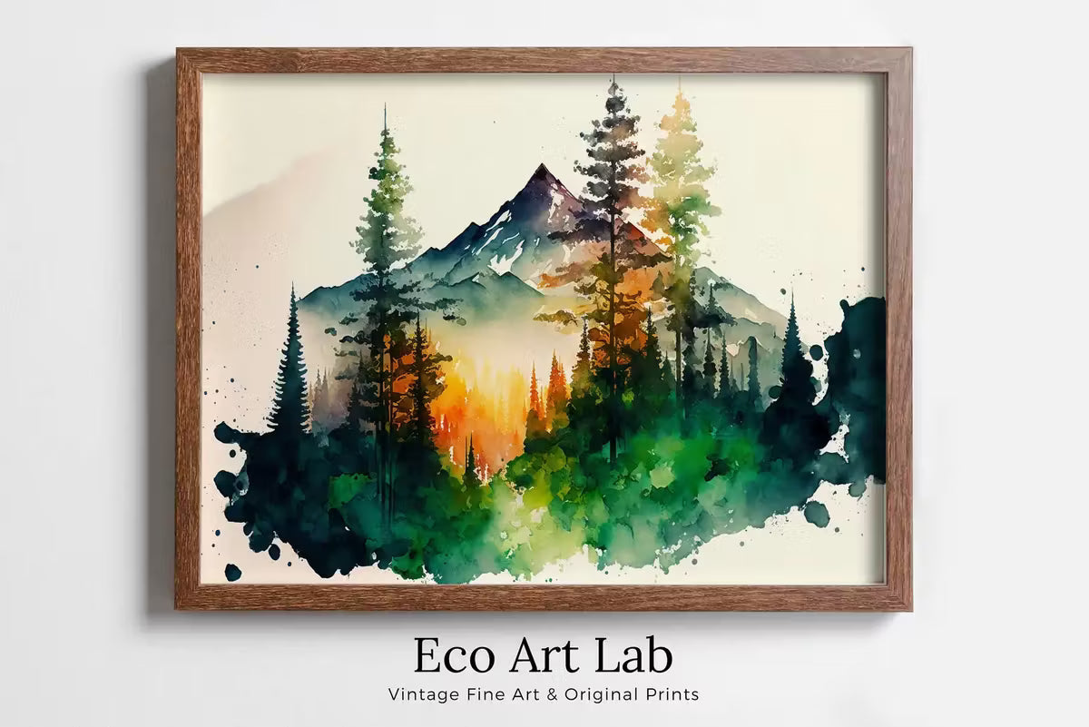 Colorful Forest & Mountain Watercolor Painting. Forest Trees Landscape Printable. Nature Art Print. Mountain Forest Art. Printable Wall Art – Printable Wall Art