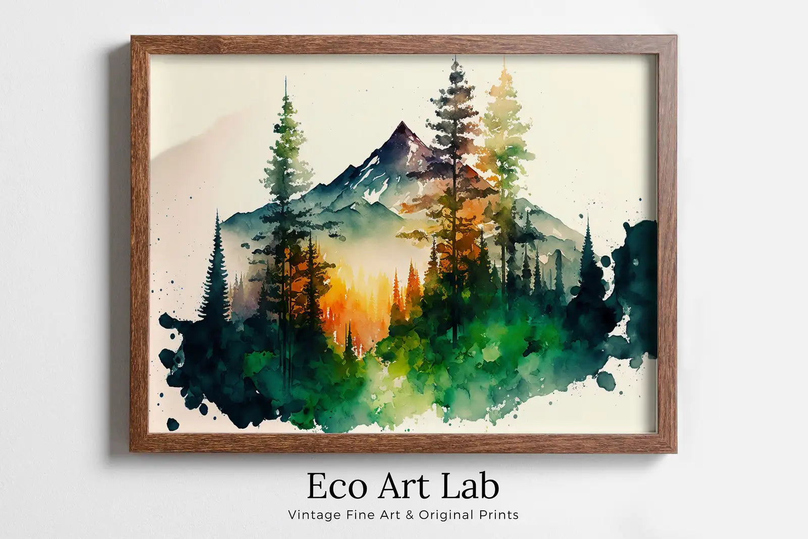 Framed view of Colorful Forest & Mountain Watercolor Painting. Forest Trees Landscape Printable. Nature Art Print. Mountain Forest Art. Printable Wall Art – printable wall art digital download.
