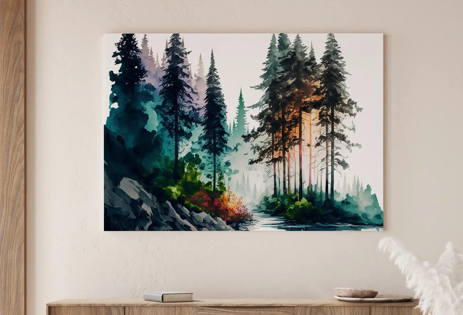 Detail view of artwork from Colorful Forest Trees Painting Print. Printable Wall Art. Nature Decor. Watercolor Forest Landscape Printable. Abstract Forest Art. (variation 1)