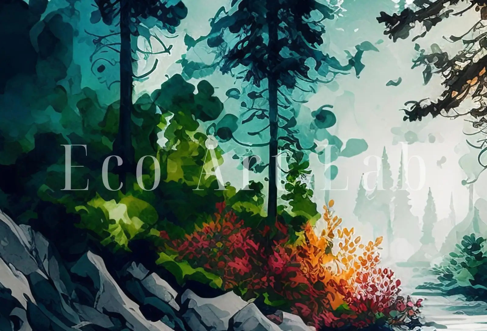 Second included artwork preview from Colorful Forest Trees Painting Print. Printable Wall Art. Nature Decor. Watercolor Forest Landscape Printable. Abstract Forest Art featuring various scenes.