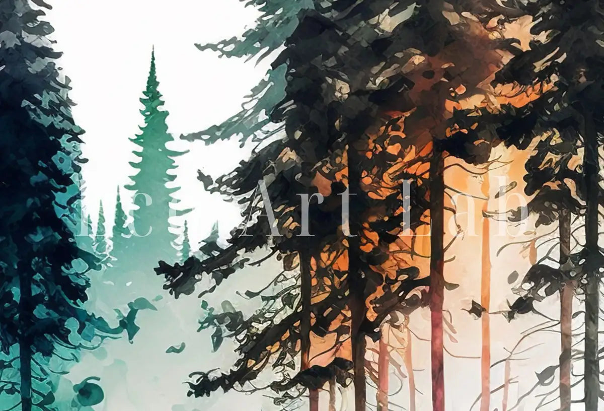 Detail view of artwork from Colorful Forest Trees Painting Print. Printable Wall Art. Nature Decor. Watercolor Forest Landscape Printable. Abstract Forest Art. (variation 2)