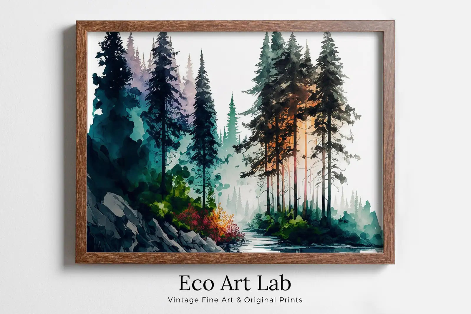 Framed view of Colorful Forest Trees Painting Print. Printable Wall Art. Nature Decor. Watercolor Forest Landscape Printable. Abstract Forest Art – printable wall art digital download.