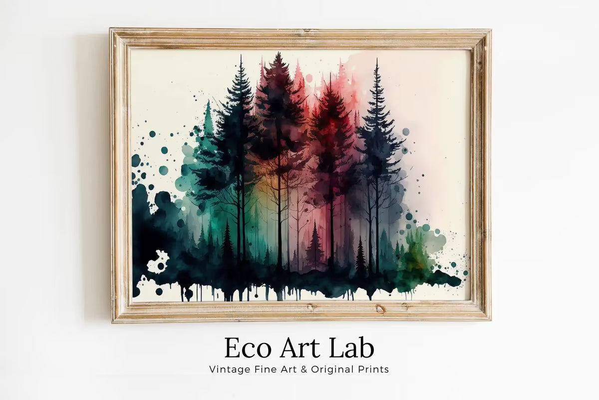 Colorful Forest Trees Painting. Printable Wall Art. Nature Decor Print. Watercolor Forest Landscape Printable. Abstract Forest Art – Printable Wall Art