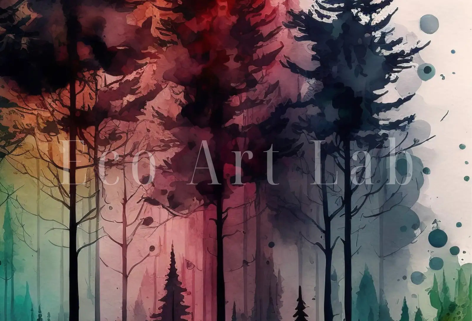 Detail view of artwork from Colorful Forest Trees Painting. Printable Wall Art. Nature Decor Print. Watercolor Forest Landscape Printable. Abstract Forest Art. (variation 1)