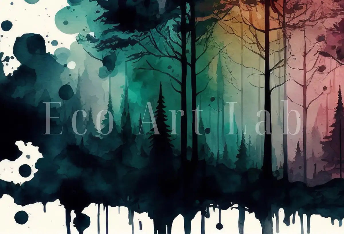 Detail view of artwork from Colorful Forest Trees Painting. Printable Wall Art. Nature Decor Print. Watercolor Forest Landscape Printable. Abstract Forest Art. (variation 2)