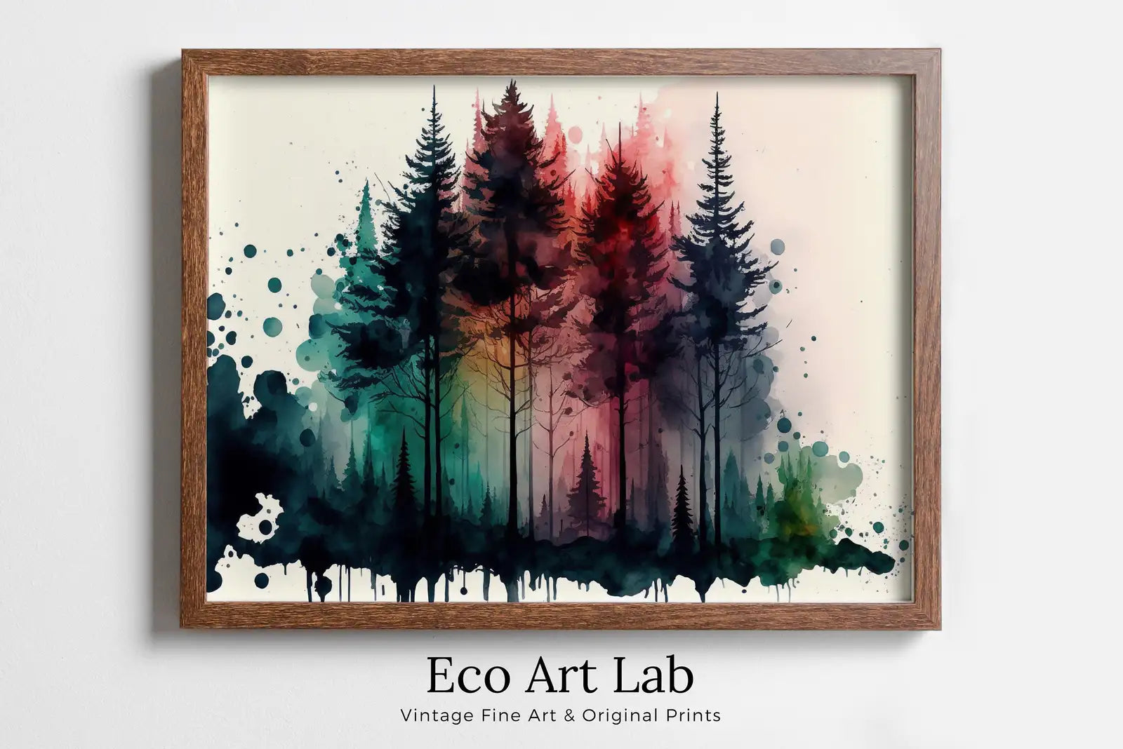 Framed view of Colorful Forest Trees Painting. Printable Wall Art. Nature Decor Print. Watercolor Forest Landscape Printable. Abstract Forest Art – printable wall art digital download.
