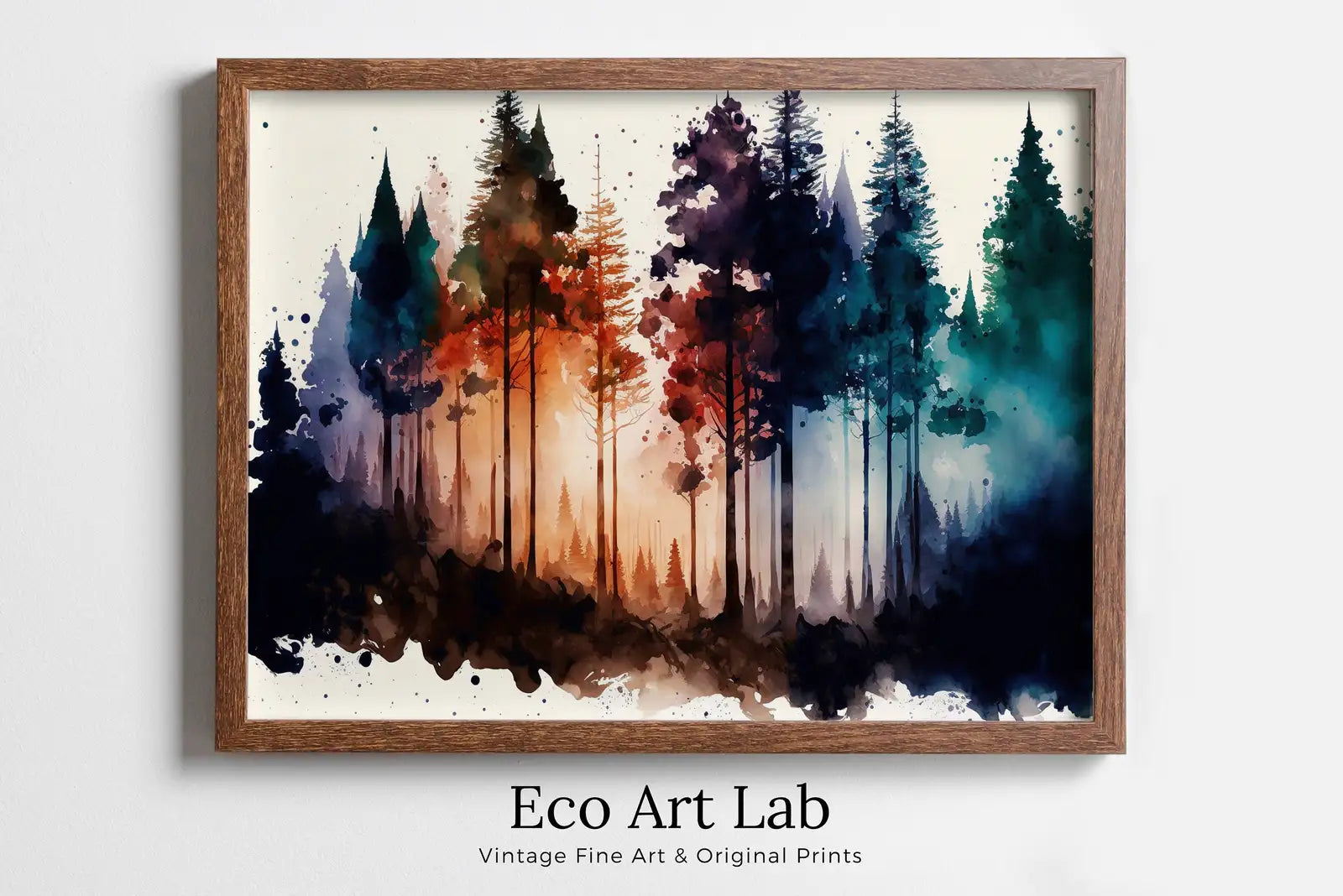 Framed view of Colorful Forest Trees Watercolor Painting. Printable Wall Art. Nature Decor Print. Forest Landscape Printable. Abstract Forest Art – printable wall art digital download.