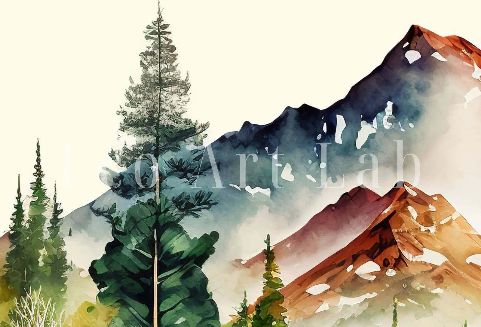 Detail view of artwork from Colorful Watercolor Forest & Mountain Painting. Forest Landscape Printable. Nature Art Print. Mountain Forest Art. Printable Wall Art. (variation 1)