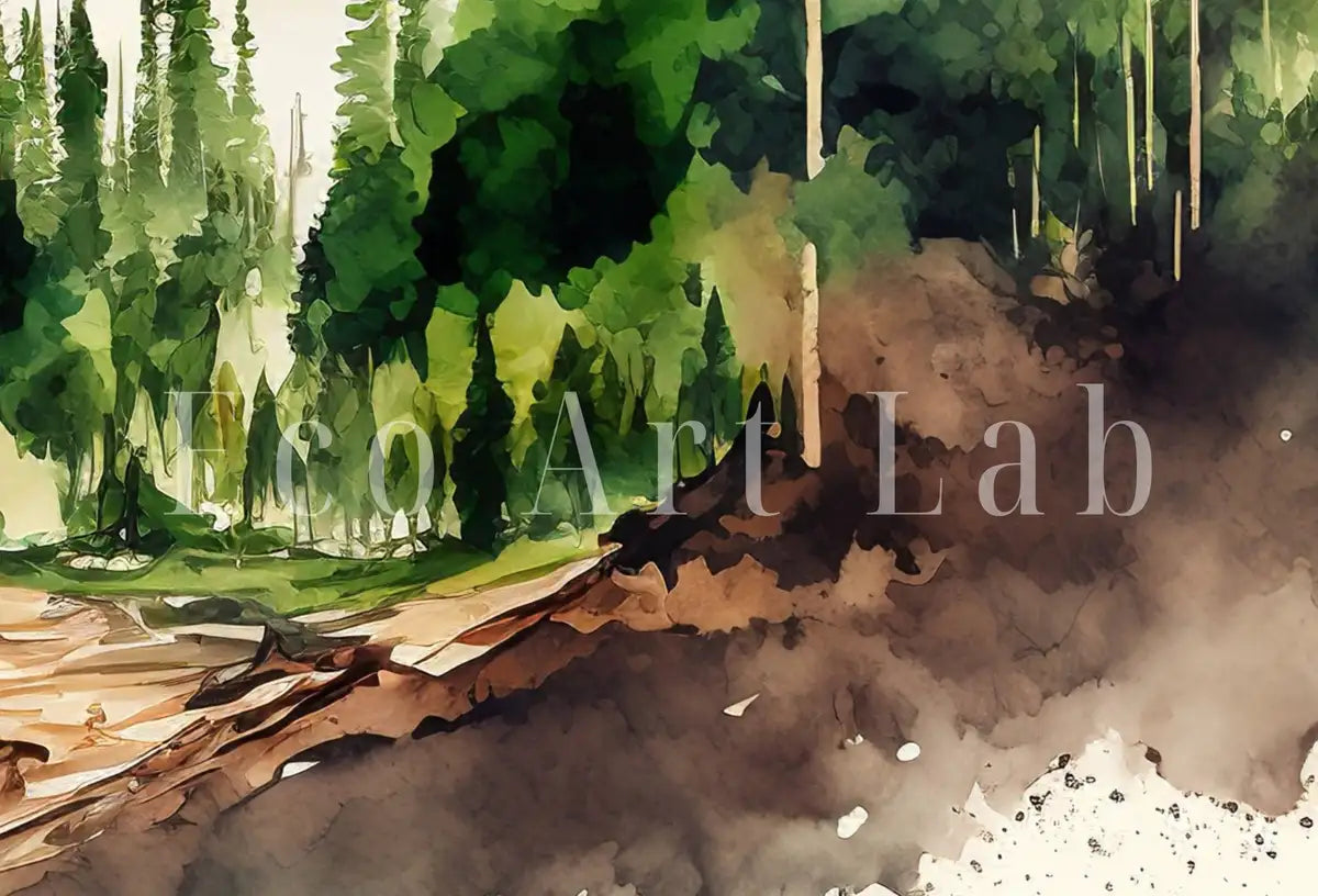 Detail view of artwork from Colorful Watercolor Forest & Mountain Painting. Forest Landscape Printable. Nature Art Print. Mountain Forest Art. Printable Wall Art. (variation 2)