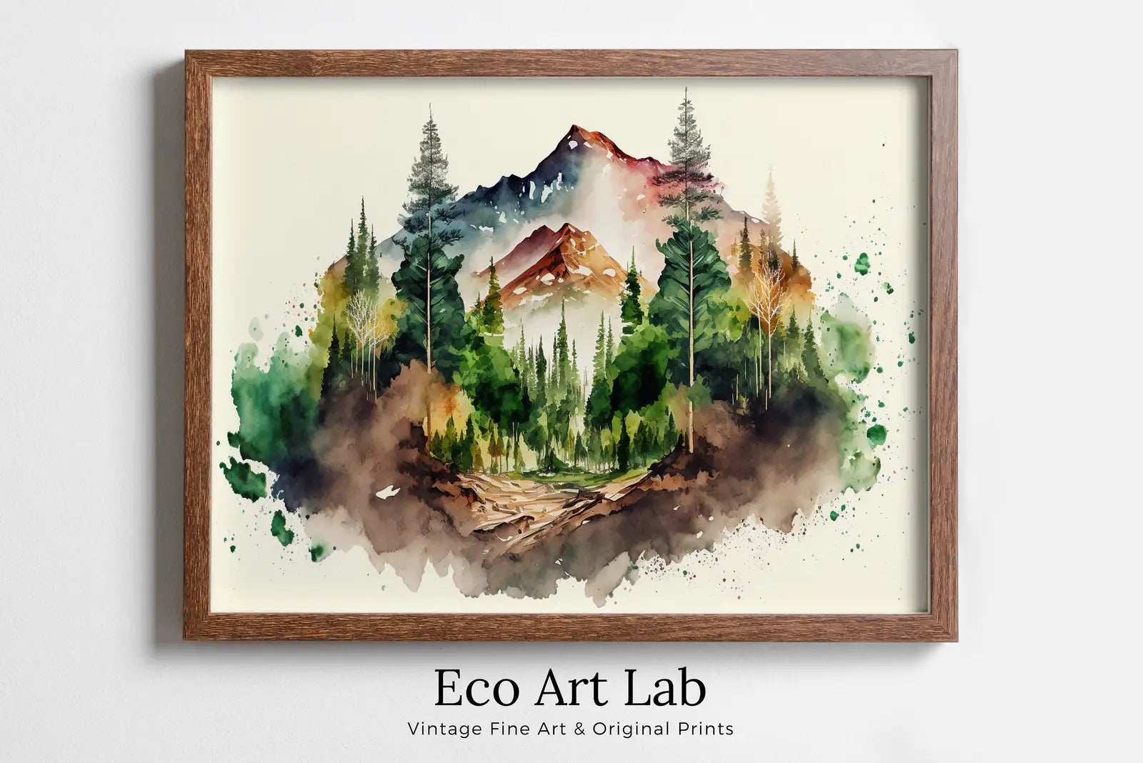 Framed view of Colorful Watercolor Forest & Mountain Painting. Forest Landscape Printable. Nature Art Print. Mountain Forest Art. Printable Wall Art – printable wall art digital download.