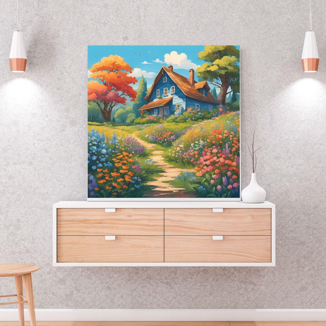 Cottage Painting Floral Print I Colorful Wall Decor Art I Rustic Home Garden Square Design – Printable Wall Art Digital Download – Digital Download