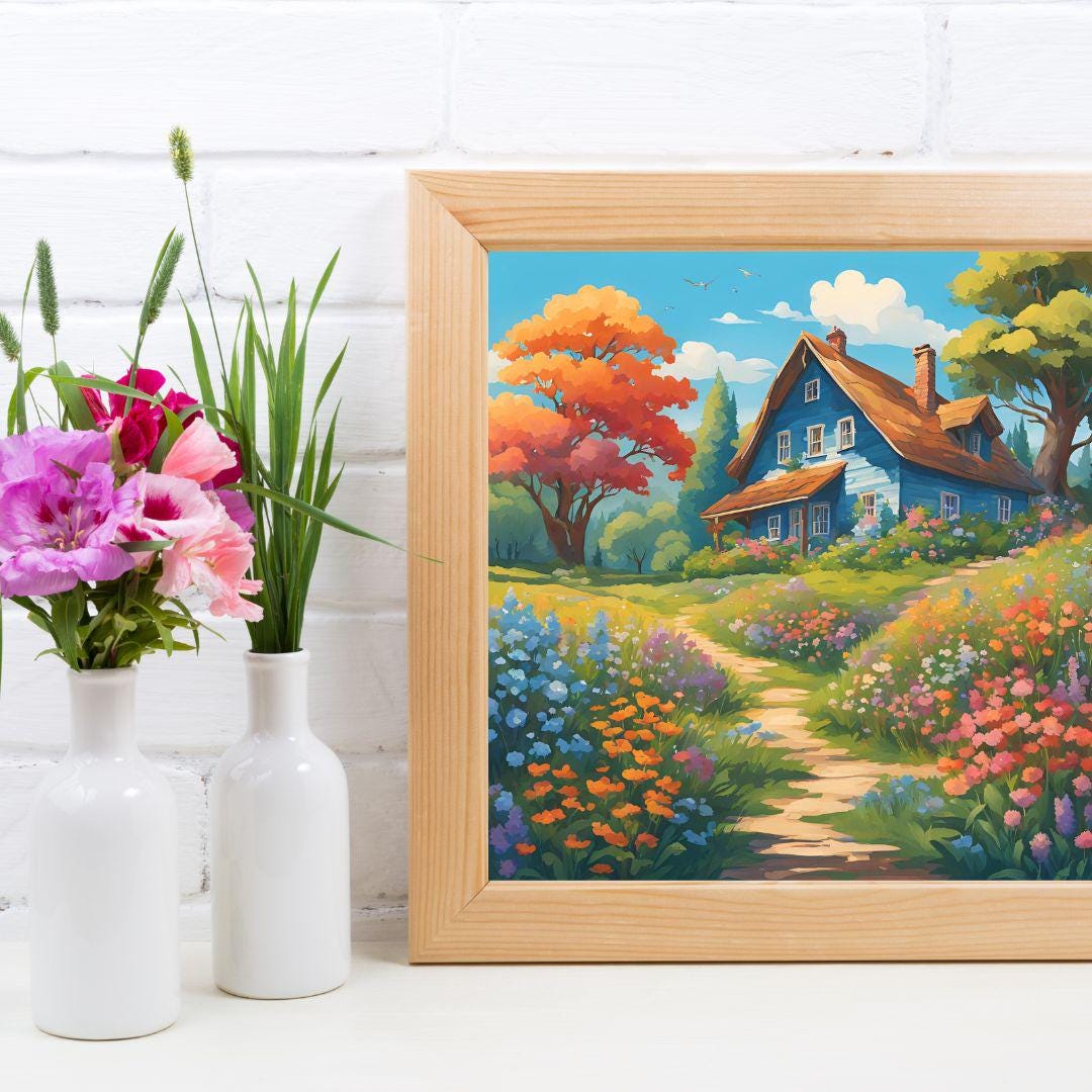 Cottage Painting Floral Print I Colorful Wall Decor Art I Rustic Home Garden Square Design – Printable Wall Art Digital Download – Digital Download