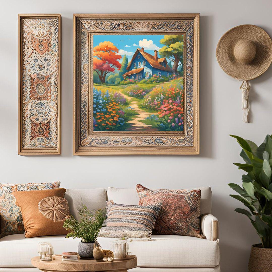 Cottage Painting Floral Print I Colorful Wall Decor Art I Rustic Home Garden Square Design – Printable Wall Art Digital Download – Digital Download