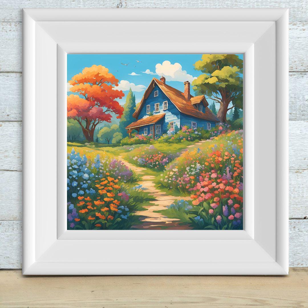 Cottage Painting Floral Print I Colorful Wall Decor Art I Rustic Home Garden Square Design – Printable Wall Art Digital Download – Digital Download