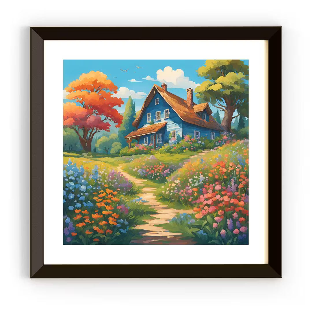 Cottage Painting Floral Print I Colorful Wall Decor Art I Rustic Home Garden Square Design – Printable Wall Art
