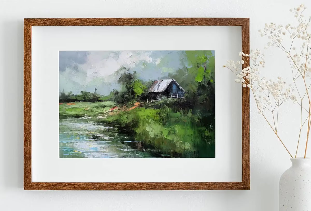 Country Field Printable. Green Country Field River Landscape Painting. Vintage Style Landscape Print Farmhouse Decor. Antique Rustic Print – Printable Wall Art