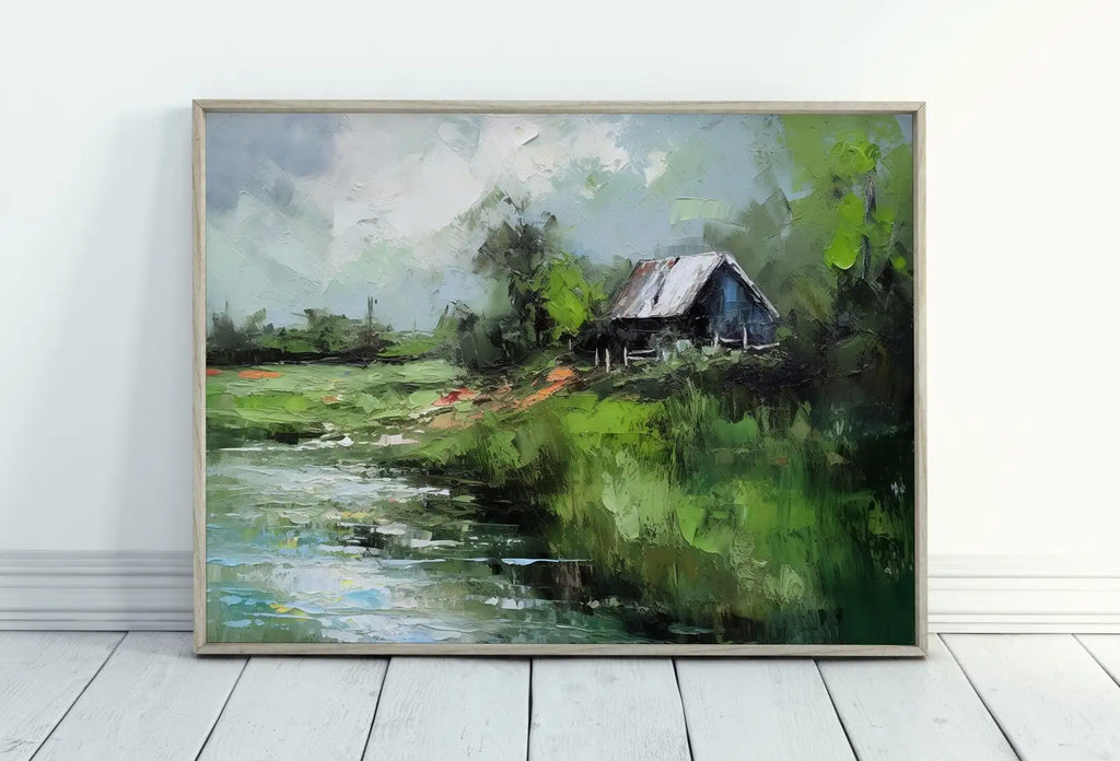 Imprimable champ de campagne. Peinture paysagère verte champ de campagne rivière. Imprimé paysage style vintage décoration ferme. Imprimé rustique antique – Imprimable art mural téléchargement numérique – Téléchargement numérique