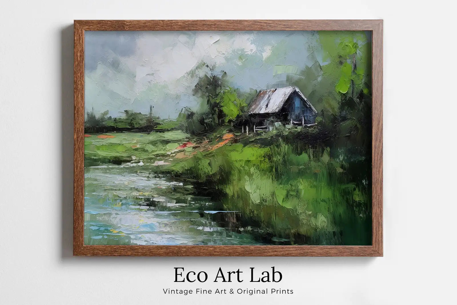 Imprimable champ de campagne. Peinture paysagère verte champ de campagne rivière. Imprimé paysage style vintage décoration ferme. Imprimé rustique antique – Imprimable art mural téléchargement numérique – Téléchargement numérique