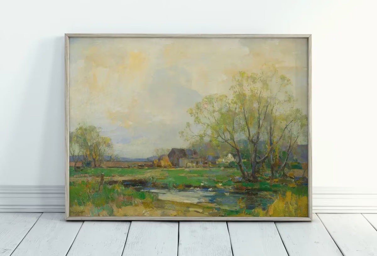 Country Field Printable. Spring Meadow Landscape Painting. Vintage Landscape Print. Farmhouse Decor. Antique Rustic Field Print – Printable Wall Art