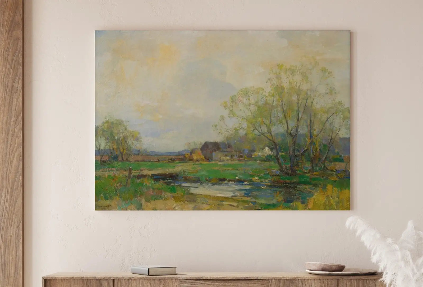 Detail view of artwork from Country Field Printable. Spring Meadow Landscape Painting. Vintage Landscape Print. Farmhouse Decor. Antique Rustic Field Print. (variation 1)