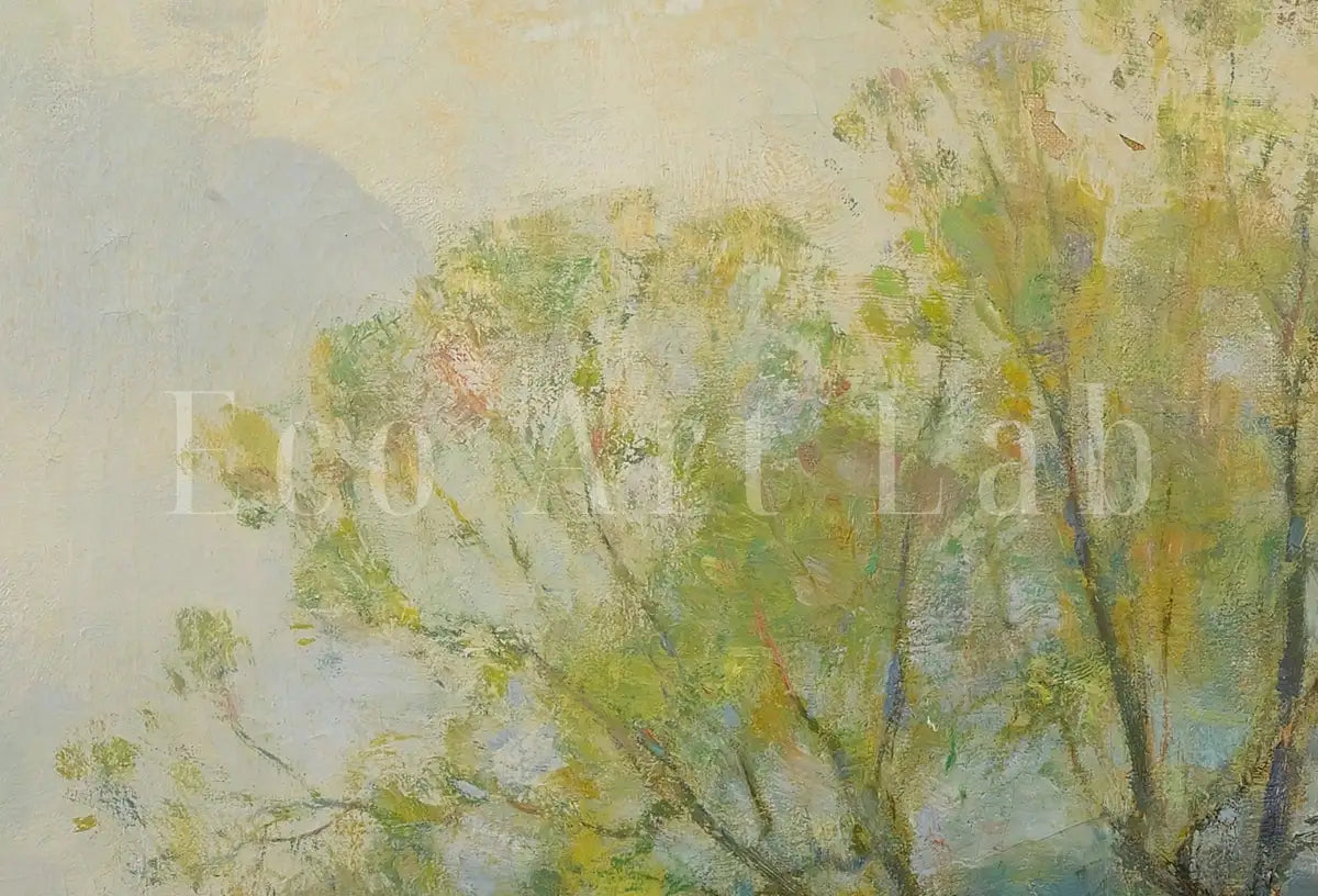Detail view of artwork from Country Field Printable. Spring Meadow Landscape Painting. Vintage Landscape Print. Farmhouse Decor. Antique Rustic Field Print. (variation 2)