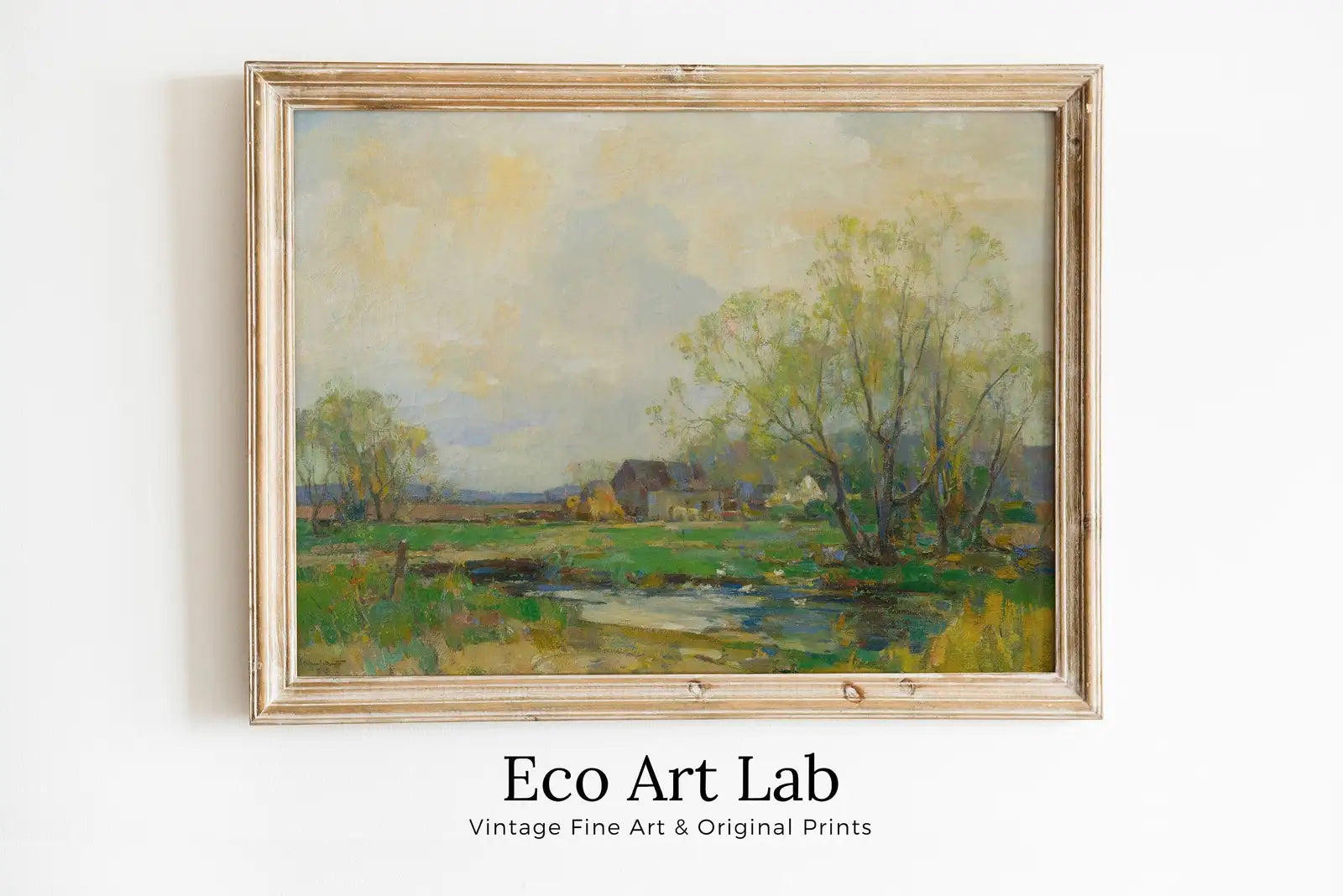 Framed view of Country Field Printable. Spring Meadow Landscape Painting. Vintage Landscape Print. Farmhouse Decor. Antique Rustic Field Print – printable wall art digital download.