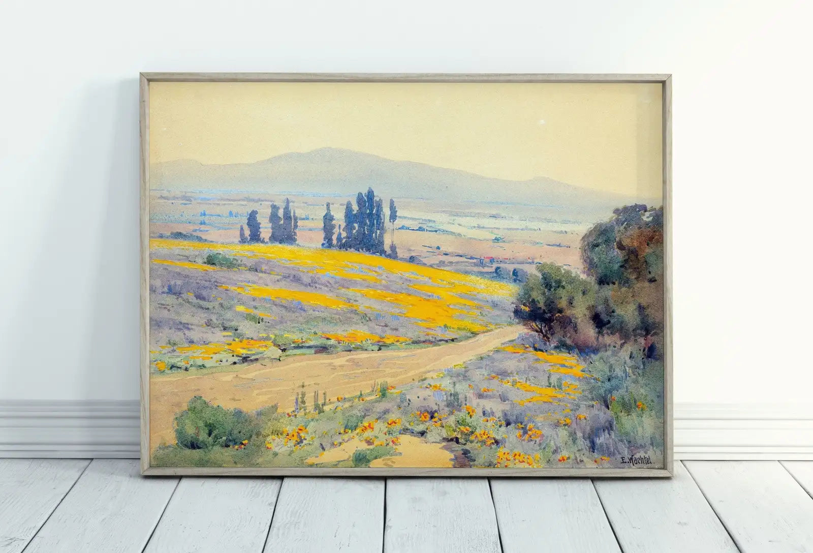 Included artwork preview showing first selection of artworks from Country Field Soft Colors Watercolor Painting. California Spring Landscape. Spring Painting Vintage Landscape Print. Farmhouse Country Print.