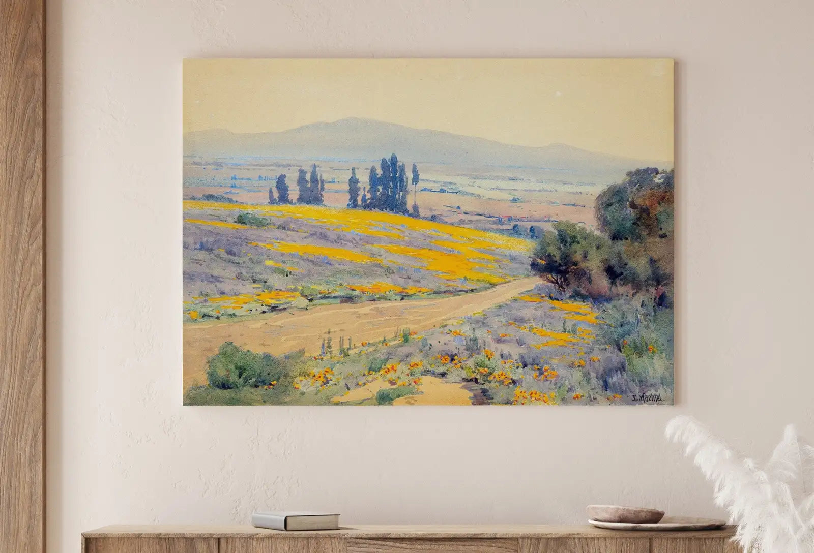 Detail view of artwork from Country Field Soft Colors Watercolor Painting. California Spring Landscape. Spring Painting Vintage Landscape Print. Farmhouse Country Print. (variation 1)