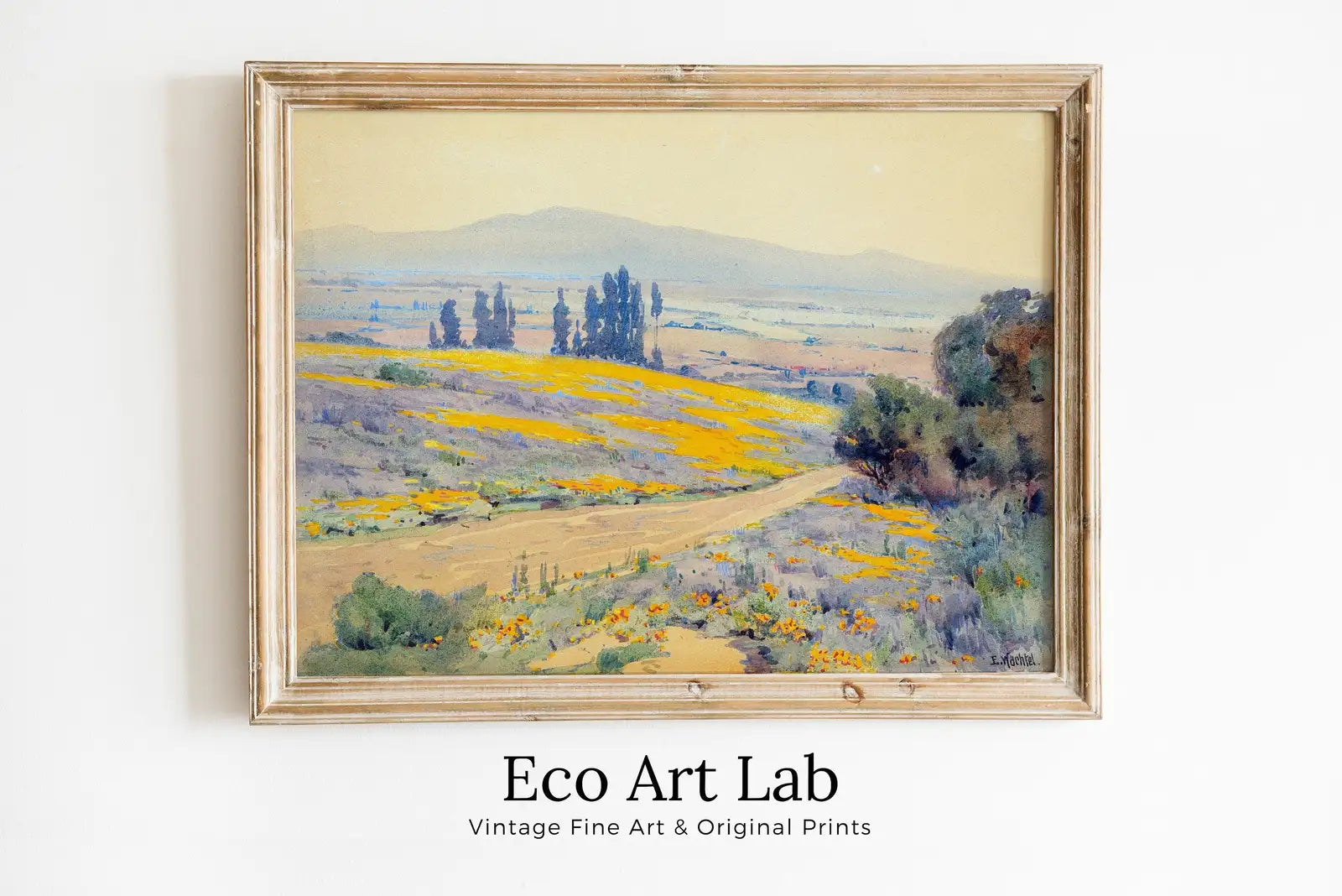 Framed view of Country Field Soft Colors Watercolor Painting. California Spring Landscape. Spring Painting Vintage Landscape Print. Farmhouse Country Print – printable wall art digital download.