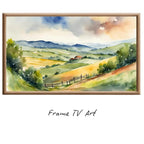 Countryside Landscape Wall Art. Watercolor Minimalist Fields Painting. Frame TV 4K Colorful Nature Scenery. – Frame TV  Art