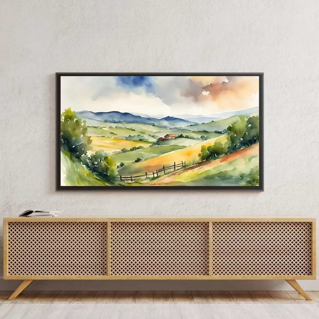 Countryside Landscape Wall Art. Watercolor Minimalist Fields Painting. Frame TV 4K Colorful Nature Scenery. – Frame TV  Art