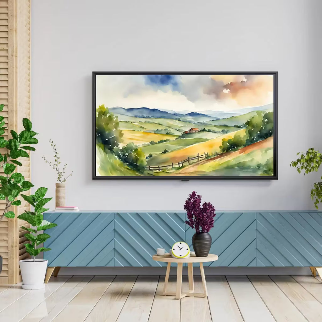 Countryside Landscape Wall Art. Watercolor Minimalist Fields Painting. Frame TV 4K Colorful Nature Scenery. – Frame TV  Art