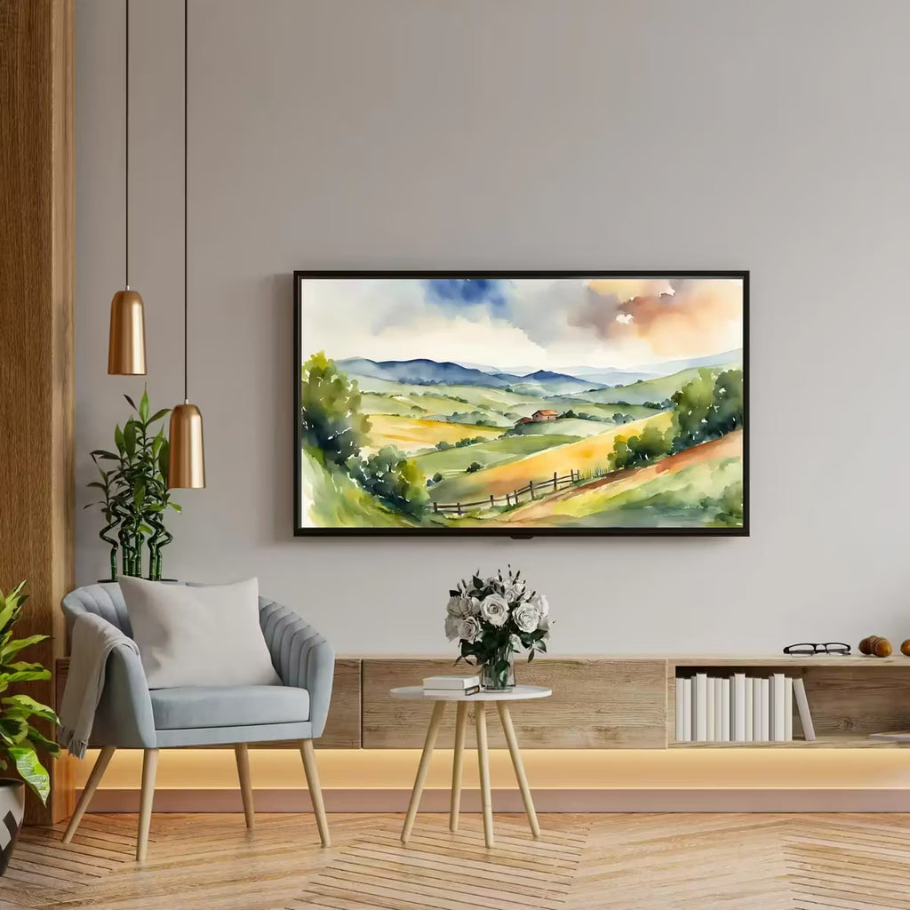 Countryside Landscape Wall Art. Watercolor Minimalist Fields Painting. Frame TV 4K Colorful Nature Scenery. – Frame TV  Art